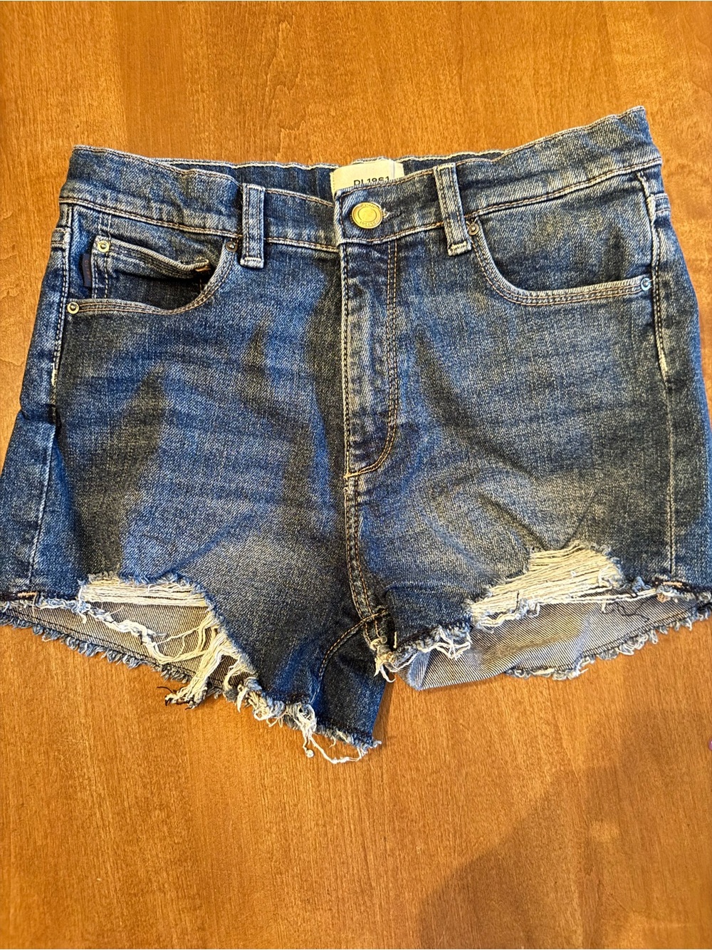 DL1961 Distressed Dark Blue High-Rise Denim Shorts